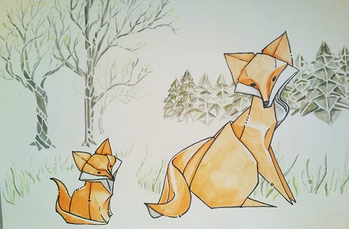 Origami Fuchs, Pinselstift und Aquarell